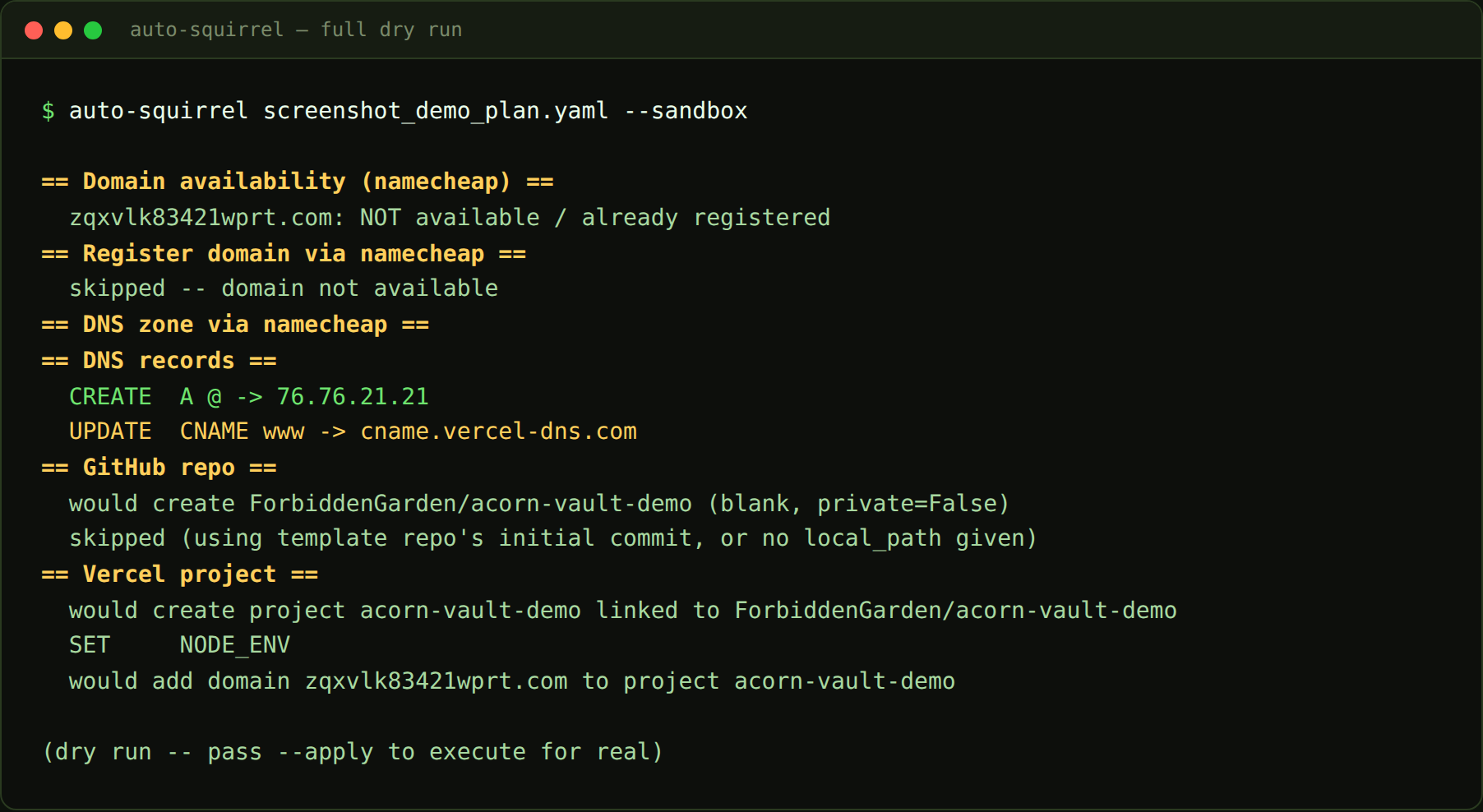 Terminal output of a full auto-squirrel dry run across all four providers